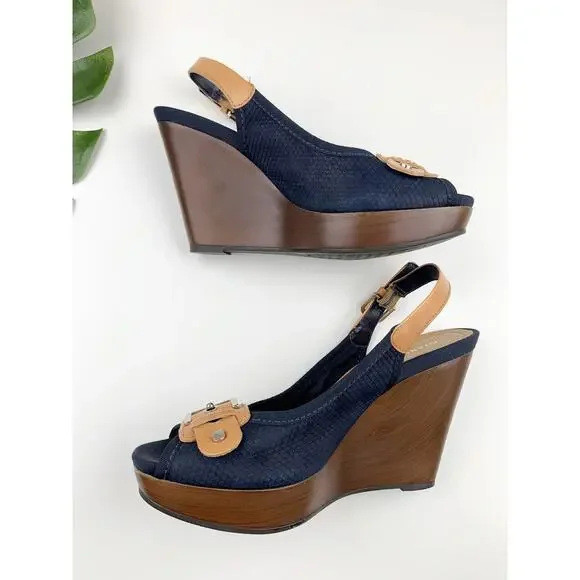 Gianni Bini Platform Wedge Heel Sandals Blue Tan Peep Toe Slingback Women's 8.5 - Picture 6 of 10